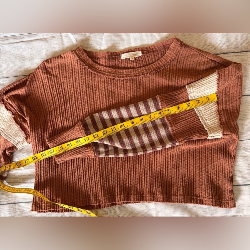 Gilded Intent Cropped Thermal Top Mixed Sleeve Striped Boho Rust Medium - Picture 8 of 10